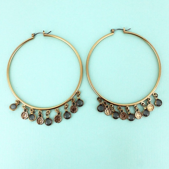CANVAS JEWELRY Jewelry - GRAY GLASS GOLDTONE CHARM LARGE HOOP EARRINGS